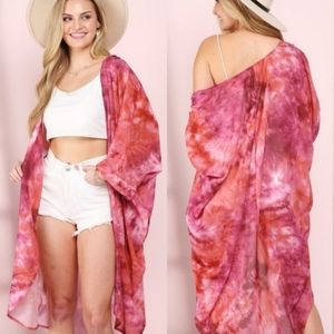 Ninexis Rust Tie Dye Open Kimono Swim Beach Coverup Duster Shawl
